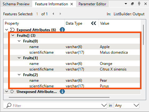 Fruits list in the Feature Information Window